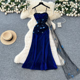 Ndyad Navy Blue Spaghetti Straps Sheath Long Party Dress for Birthday&Events HZ1024