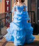 Ndyad Blue Spaghetti Straps A-Line Tulle Long Prom Dresses Formal Evening Gowns with Slits HZ1024