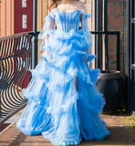 Ndyad Blue Spaghetti Straps A-Line Tulle Long Prom Dresses Formal Evening Gowns with Slits HZ1024