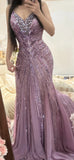 Ndyad Purple V-neck Mermaid Beaded Chiffon Long Prom Dresses Vintage Evening Gowns HZ1024