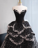 Ndyad Black Strapless A-Line Velvet Beaded Long Evening Gown Elegant Wedding Dress HZ1024