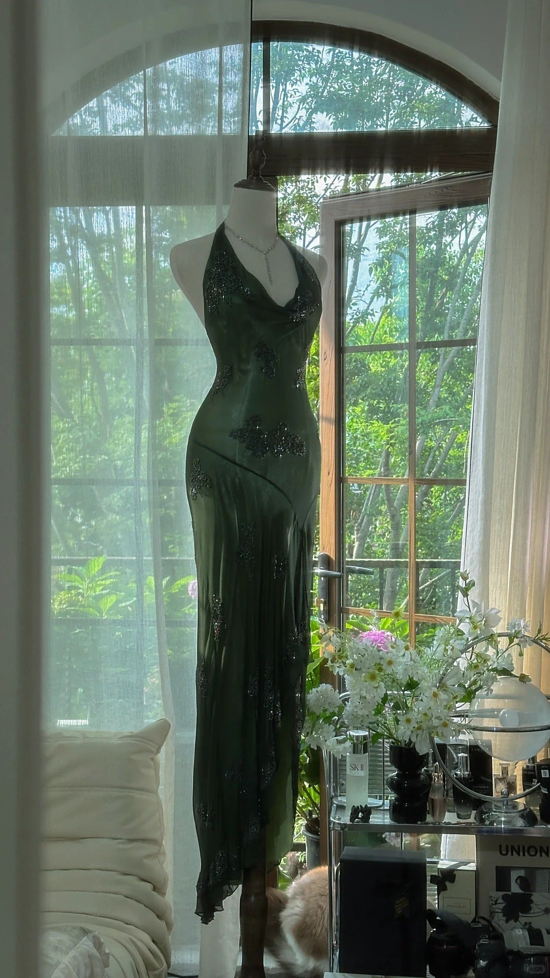 Ndyad Green Halter Sheath Beaded Chiffon Long Prom Dresses Elegant Green Evening Gowns HZ1024