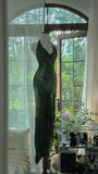 Ndyad Green Halter Sheath Beaded Chiffon Long Prom Dresses Elegant Green Evening Gowns HZ1024