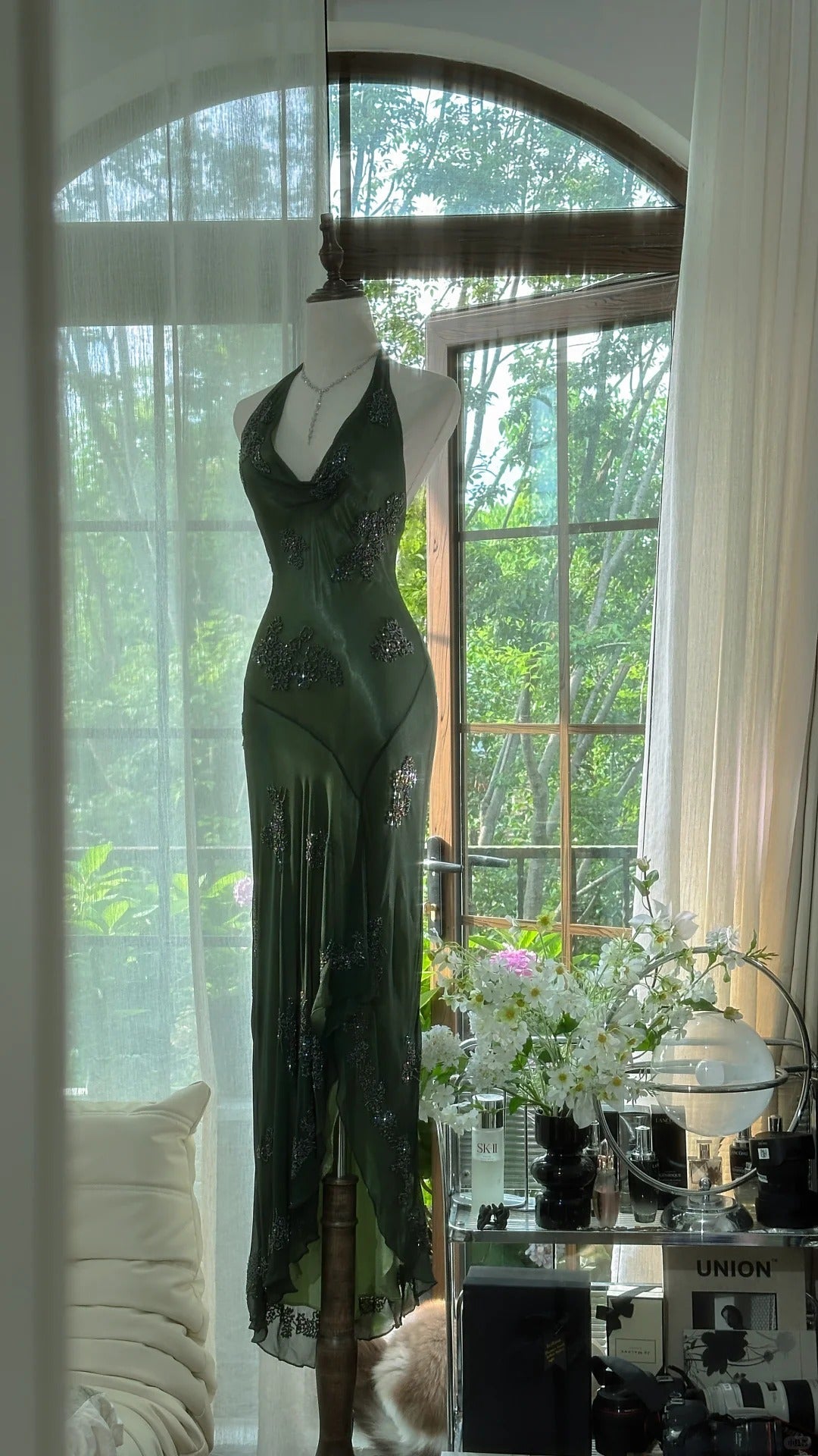 Ndyad Green Halter Sheath Beaded Chiffon Long Prom Dresses Elegant Green Evening Gowns HZ1024