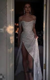 Ndyad Beige Off Shoulder A-Line Sequin Long Prom Dresses Elegant Evening Gowns with Slits HZ1024