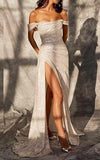 Ndyad Beige Off Shoulder A-Line Sequin Long Prom Dresses Elegant Evening Gowns with Slits HZ1024