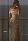 Ndyad Beige Off Shoulder A-Line Sequin Long Prom Dresses Elegant Evening Gowns with Slits HZ1024