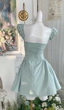 Ndyad Mint Green Square Neck A-Line Satin Pleated Short Birthday Evening Dress Party Dress HZ1024