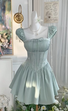 Ndyad Mint Green Square Neck A-Line Satin Pleated Short Birthday Evening Dress Party Dress HZ1024