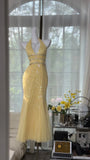Ndyad Butter Yellow V-neck Mermaid Tulle Beaded Long Prom Dresses Vintage Evening Dress with Open Back HZ1024