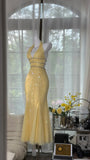 Ndyad Butter Yellow V-neck Mermaid Tulle Beaded Long Prom Dresses Vintage Evening Dress with Open Back HZ1024