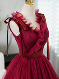 Ndyad V Neck Tulle Burgundy Long Prom Dress, Burgundy Long Evening Dresses HZ1024