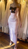 Ndyad Pink Strapless Bodycon Satin Prom Dresses Formal Evening Gowns with Bow HZ1024