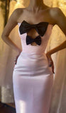 Ndyad Pink Strapless Bodycon Satin Prom Dresses Formal Evening Gowns with Bow HZ1024