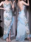 Ndyad Blue V Neck Sheath Tulle Beaded Long Prom Dresses Retro Backless Evening Dress HZ1024