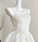 Ndyad White Spaghetti Straps A-Line Tulle Beaded Short Prom Dresses Sweet 16 Dresses HZ1024