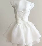 Ndyad White Spaghetti Straps A-Line Tulle Beaded Short Prom Dresses Sweet 16 Dresses HZ1024
