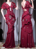 Ndyad Deep Red V Neck Mermaid Beaded Chiffon Long Prom Dresses Elegant Evening Gowns HZ1024