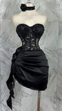 Ndyad Black Sweetheart Party Dress A-Line Satin Applique Short Evening Dress Sexy Homecoming Dress HZ1024