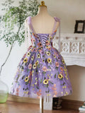 Ndyad Tulle Lace Short Prom Dress, Purple Homecoming Dress HZ1024