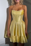 Ndyad Yellow Strapless A-Line Satin Sequin Short Evening Dress Fashion Homecoming Dress HZ1024