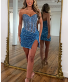 Ndyad Blue Sweetheart Neck Sheath Sequin Short Prom Dresses Stylish Homecoming Dress with Slits HZ1024
