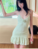 Ndyad Green Spaghetti Strap Sheath Holiday Outfit Short Party Dress HZ1024