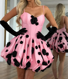 Ndyad Spaghetti Straps Pink A-Line Satin Backless Short Homecoming Dress with Appliques HZ1024