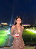 Ndyad Halter Sheath Sequin Short Evening Gowns, Champagne Gorgeous Homecoming Dress HZ1024