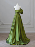 Ndyad Line V Neck Satin Green Long Prom Dress, Green Long Formal Dress HZ1024