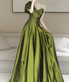 Ndyad Line V Neck Satin Green Long Prom Dress, Green Long Formal Dress HZ1024