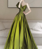 Ndyad Line V Neck Satin Green Long Prom Dress, Green Long Formal Dress HZ1024