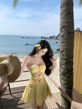 Ndyad Yellow A-Line Tulle Strapless Beach Holiday Short Dress HZ1024