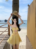 Ndyad Yellow A-Line Tulle Strapless Beach Holiday Short Dress HZ1024