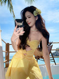 Ndyad Yellow A-Line Tulle Strapless Beach Holiday Short Dress HZ1024
