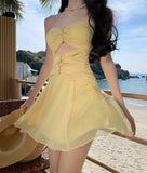 Ndyad Yellow A-Line Tulle Strapless Beach Holiday Short Dress HZ1024