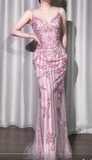 Ndyad Pink Spaghetti Strap Mermaid Tulle Beaded Long Prom Dresses,Formal Evening Gowns HZ1024
