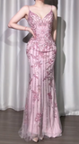 Ndyad Pink Spaghetti Strap Mermaid Tulle Beaded Long Prom Dresses,Formal Evening Gowns HZ1024