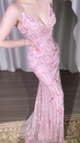 Ndyad Pink Spaghetti Strap Mermaid Tulle Beaded Long Prom Dresses,Formal Evening Gowns HZ1024