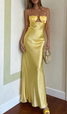 Ndyad Yellow Spaghetti Straps A-Line Satin Long Prom Dresses, Elegant Evening Gowns HZ1024