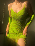 Ndyad Spaghetti Strap Bodycon Beaded Chiffon Short Prom Dresses, Lemon Green Party Dress HZ1024