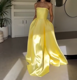 Ndyad Yellow Strapless A-Line Satin Long Prom Dresses, Glam Formal Evening Gowns HZ1024