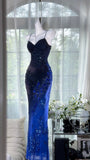 Ndyad Navy Blue Spaghetti Straps Sheath Beaded Chiffon Long Prom Dresses, Vintage Evening Gowns HZ1024