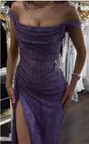 Ndyad Purple Sheath Off Shoulder Glitter Long Prom Dresses, Formal Evening Dresses with Slits HZ1024