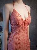 Ndyad Dark Peach Sheath Chiffon Beaded Prom Dresses, V-Neck Glamour Evening Gowns HZ1024