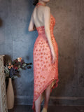 Ndyad Dark Peach Sheath Chiffon Beaded Prom Dresses, V-Neck Glamour Evening Gowns HZ1024