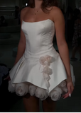 Ndyad White A-Line Satin Short Prom Dresses, Strapless 3D Applique Homecoming Dress HZ1024