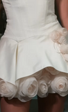 Ndyad White A-Line Satin Short Prom Dresses, Strapless 3D Applique Homecoming Dress HZ1024