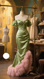 Ndyad Green Off Shoulder Mermaid Satin Long Prom Dresses, Elegant Evening Gowns HZ1024