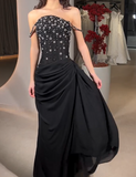 Ndyad Black Spaghetti Straps Sheath Beaded Tulle Long Prom Dresses, Sweet 16 Evening Dresses HZ1024